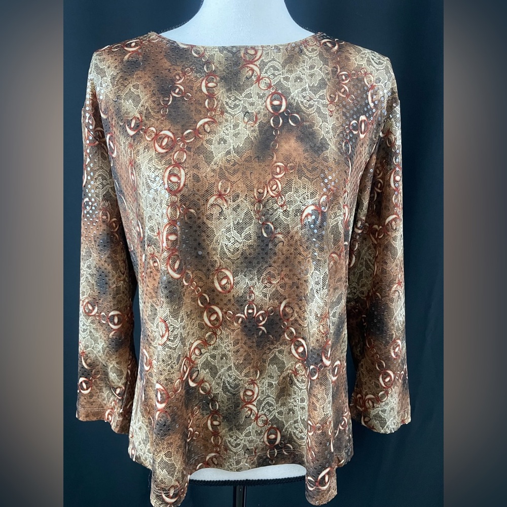 Vintage Chico's Brown and Cream Patterned Blouse